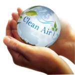 Hands holding a globe with Clean Air printed on it.